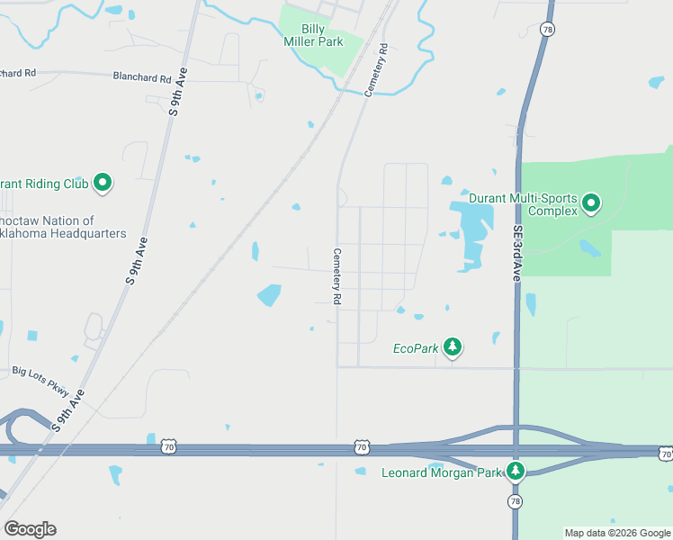 map of restaurants, bars, coffee shops, grocery stores, and more near 2011 Cemetery Road in Durant