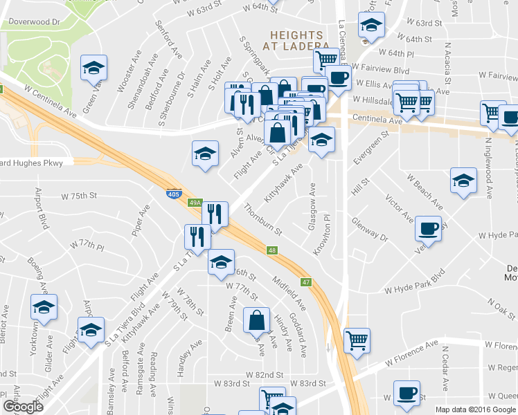 map of restaurants, bars, coffee shops, grocery stores, and more near 7139 Kittyhawk Avenue in Los Angeles