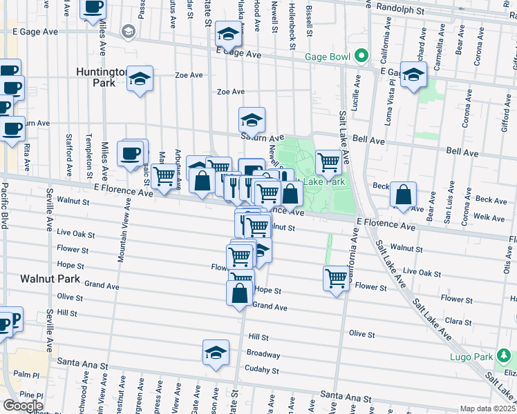 map of restaurants, bars, coffee shops, grocery stores, and more near E Florence Ave & State St in Huntington Park