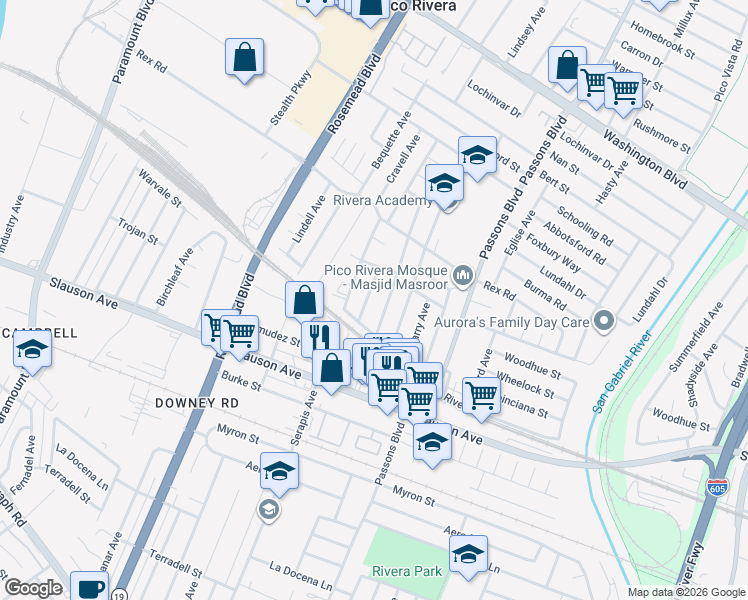 map of restaurants, bars, coffee shops, grocery stores, and more near 7556 Lindsey Avenue in Pico Rivera