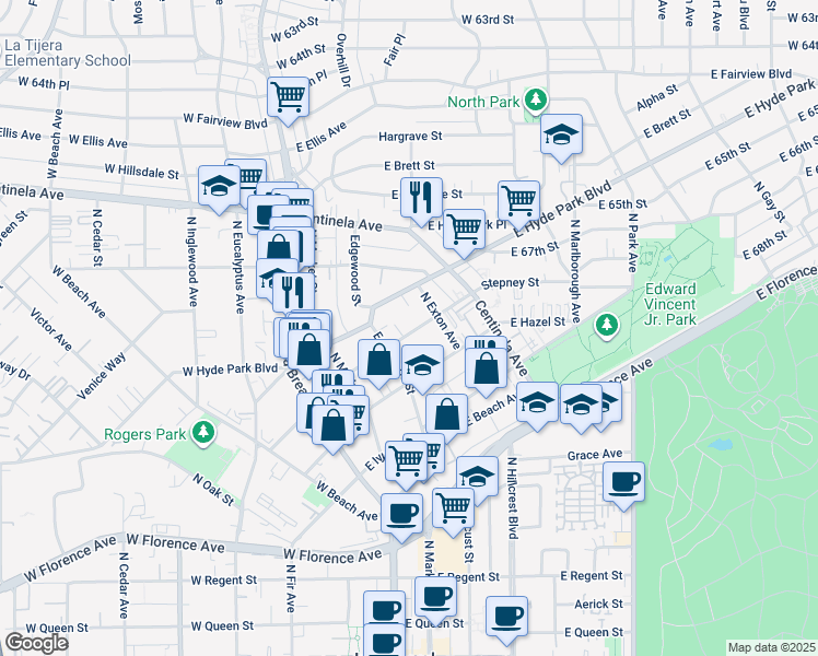 map of restaurants, bars, coffee shops, grocery stores, and more near 308 Stepney Street in Inglewood