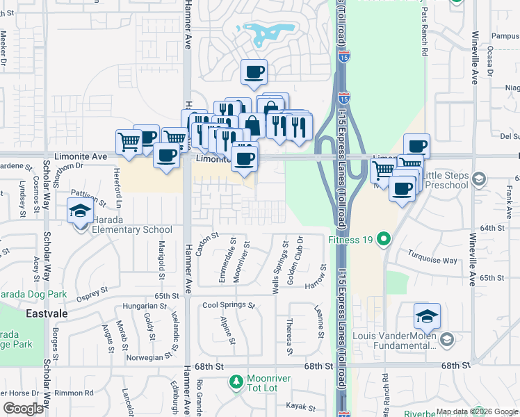 map of restaurants, bars, coffee shops, grocery stores, and more near 6381 Peacock Court in Eastvale
