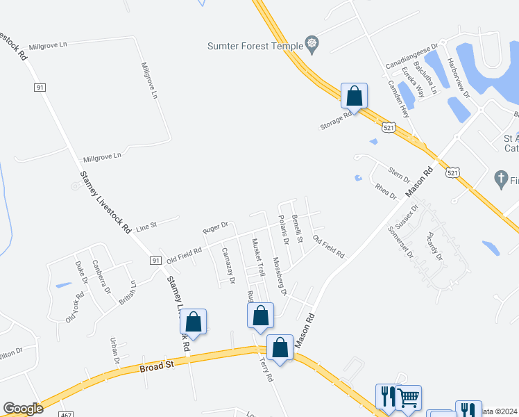 map of restaurants, bars, coffee shops, grocery stores, and more near 1857 Mossberg Drive in Sumter