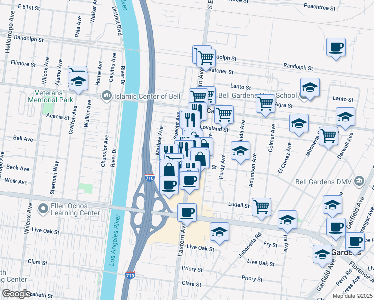map of restaurants, bars, coffee shops, grocery stores, and more near 6611 Eastern Avenue in Bell Gardens