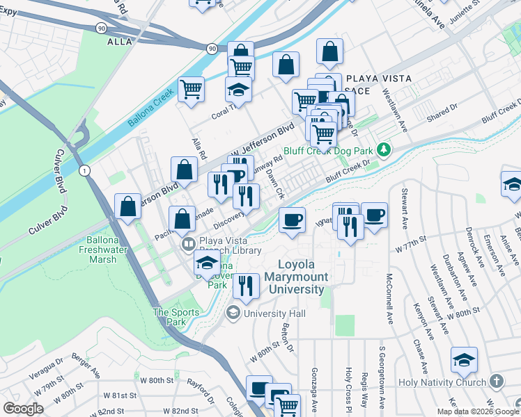 map of restaurants, bars, coffee shops, grocery stores, and more near Bluff Creek Drive in Los Angeles