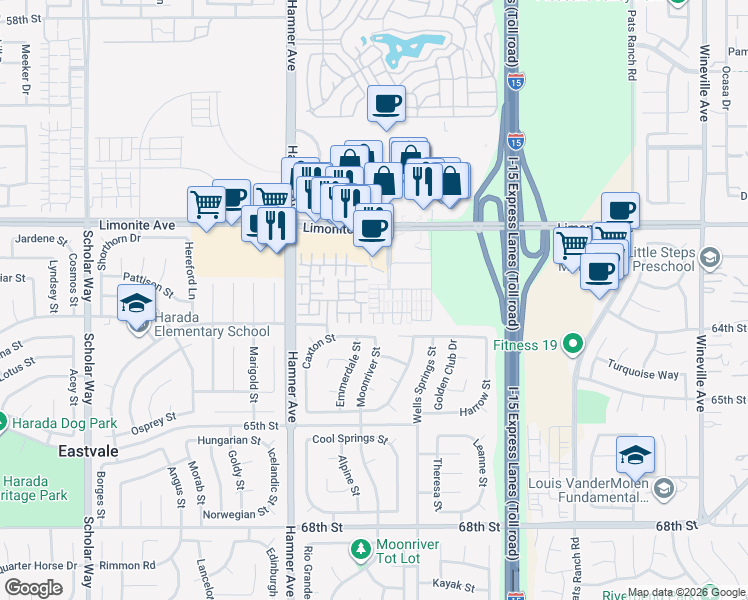map of restaurants, bars, coffee shops, grocery stores, and more near 12463 Phoenix Court in Eastvale