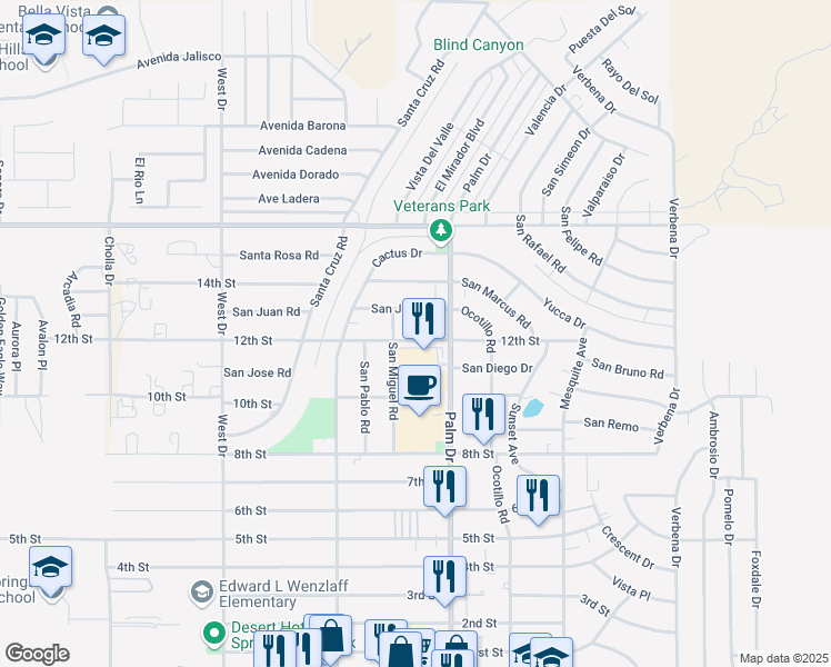 map of restaurants, bars, coffee shops, grocery stores, and more near 10625 Palm Drive in Desert Hot Springs
