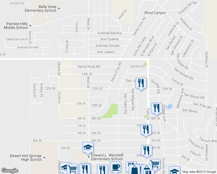 map of restaurants, bars, coffee shops, grocery stores, and more near 10528 Santa Cruz Road in Desert Hot Springs