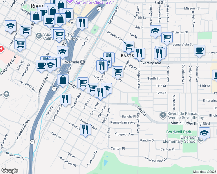 map of restaurants, bars, coffee shops, grocery stores, and more near 2727 13th Street in Riverside