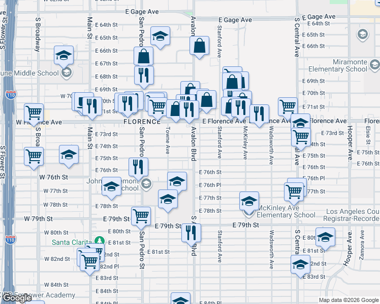 map of restaurants, bars, coffee shops, grocery stores, and more near 436 East 75th Street in Los Angeles