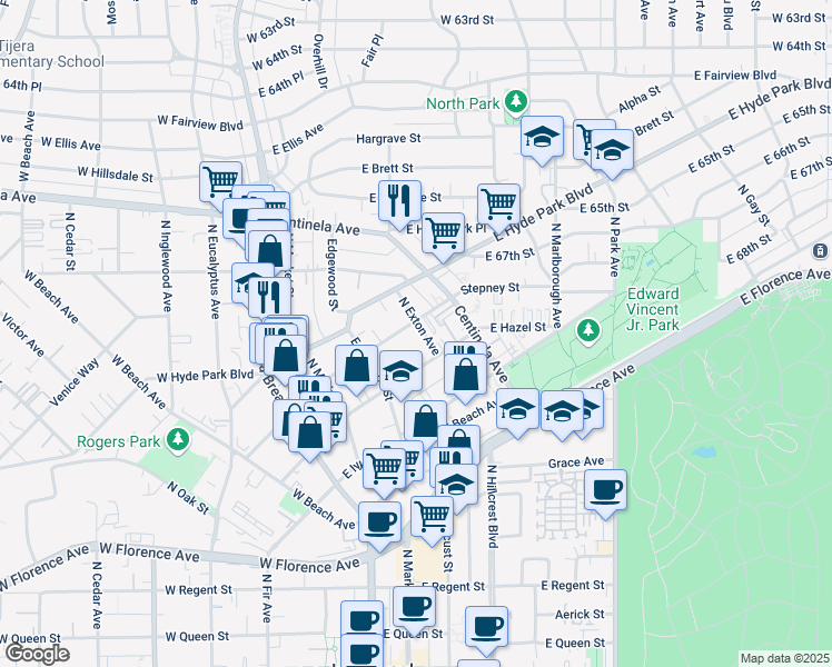 map of restaurants, bars, coffee shops, grocery stores, and more near 341 East Hazel Street in Inglewood