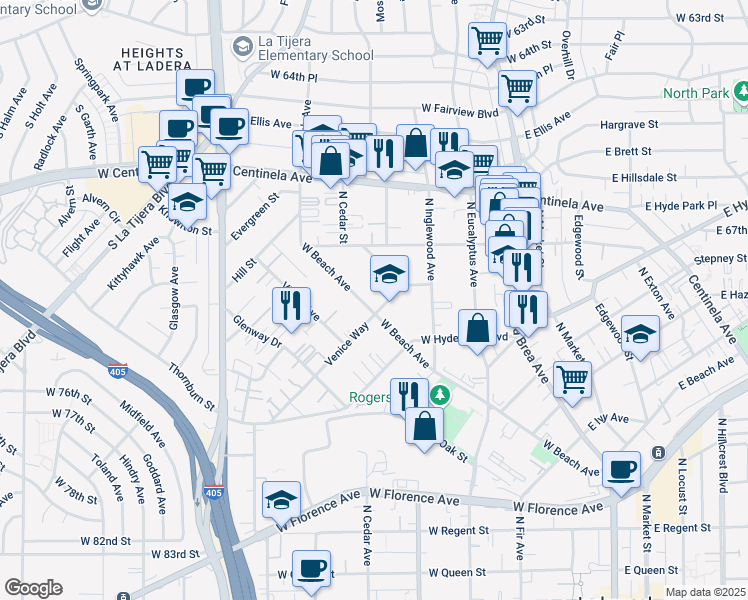 map of restaurants, bars, coffee shops, grocery stores, and more near 502 Venice Way in Inglewood