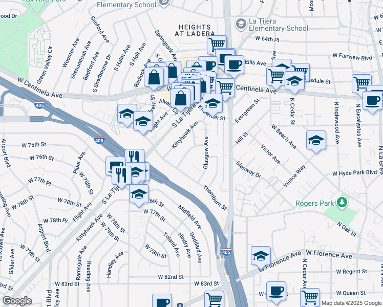 map of restaurants, bars, coffee shops, grocery stores, and more near 7144 Ramsgate Avenue in Los Angeles