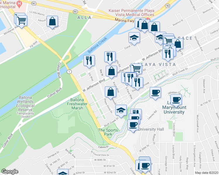 map of restaurants, bars, coffee shops, grocery stores, and more near 13173 Pacific Promenade in Los Angeles