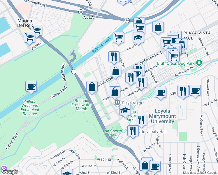 map of restaurants, bars, coffee shops, grocery stores, and more near 13173 Pacific Promenade in Los Angeles