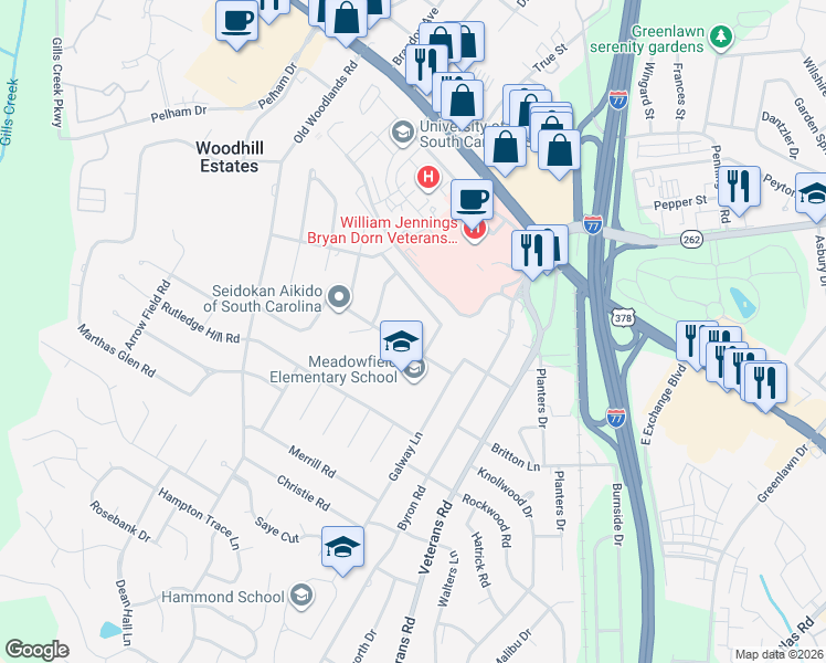 map of restaurants, bars, coffee shops, grocery stores, and more near 6527 Olde Knight Parkway in Columbia