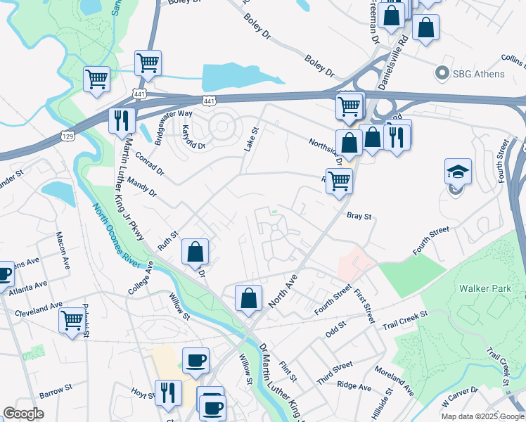 map of restaurants, bars, coffee shops, grocery stores, and more near 211 North Avenue in Athens
