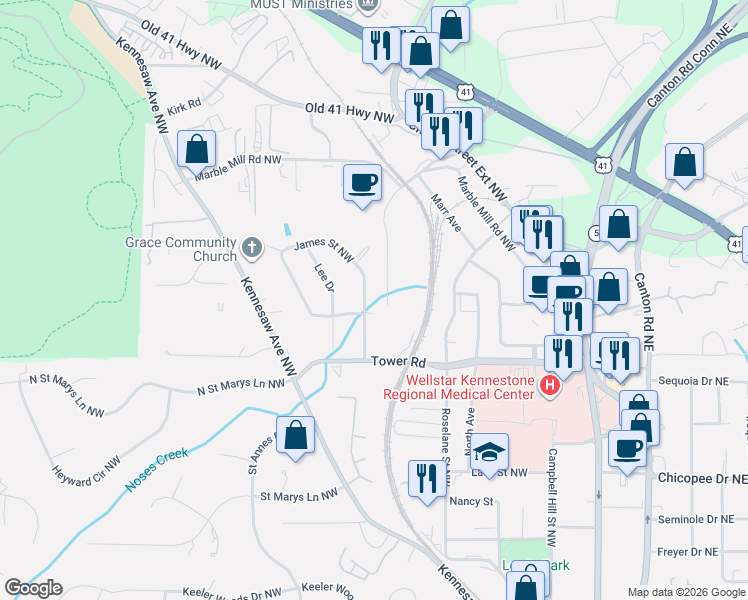 map of restaurants, bars, coffee shops, grocery stores, and more near 810 James Street Northwest in Marietta