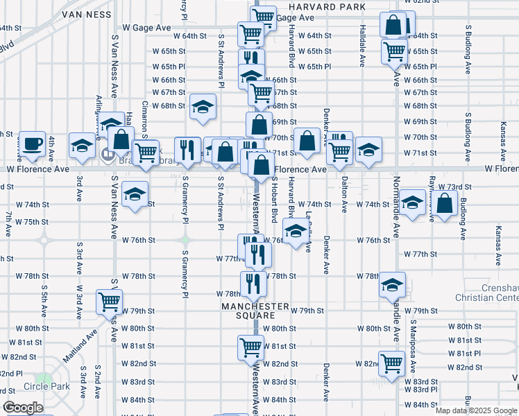 map of restaurants, bars, coffee shops, grocery stores, and more near 7423 South Western Avenue in Los Angeles