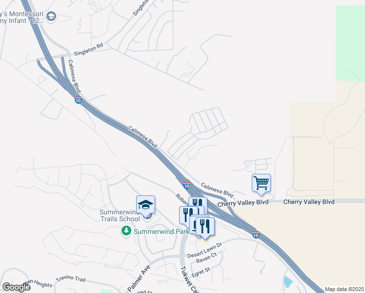 map of restaurants, bars, coffee shops, grocery stores, and more near 10320 Calimesa Boulevard in Calimesa