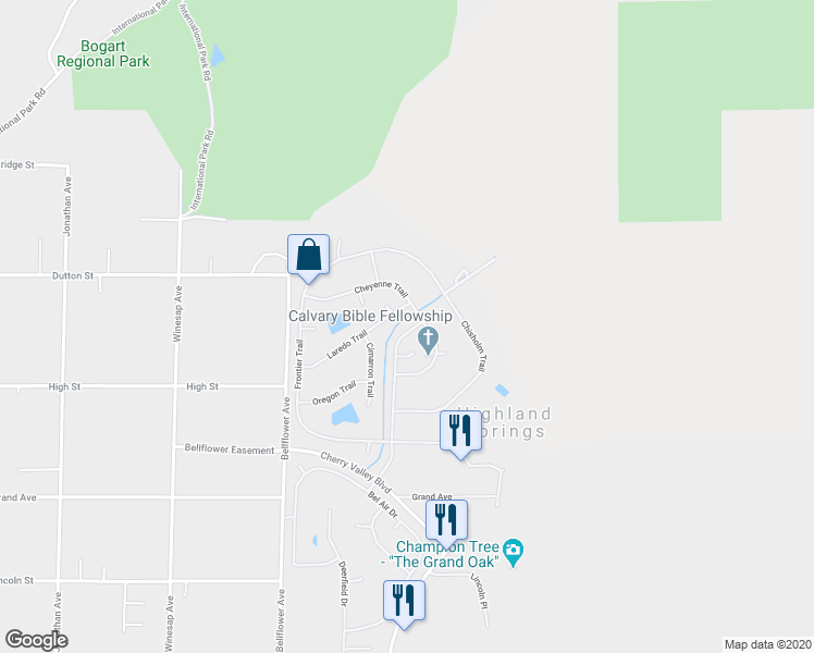 map of restaurants, bars, coffee shops, grocery stores, and more near 10223 Overland Trail in Cherry Valley