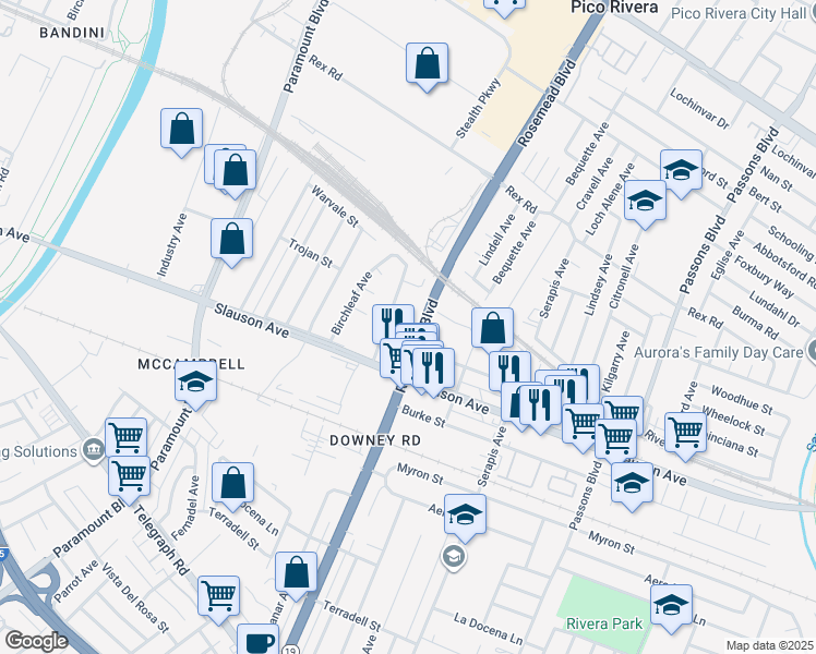 map of restaurants, bars, coffee shops, grocery stores, and more near 7732 Manzanar Avenue in Pico Rivera