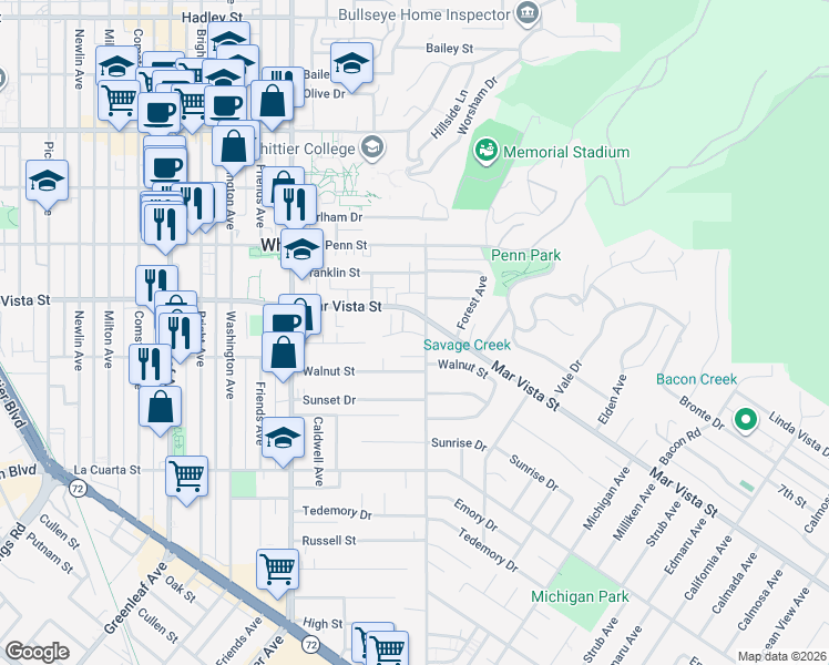 map of restaurants, bars, coffee shops, grocery stores, and more near 7619 College Avenue in Whittier