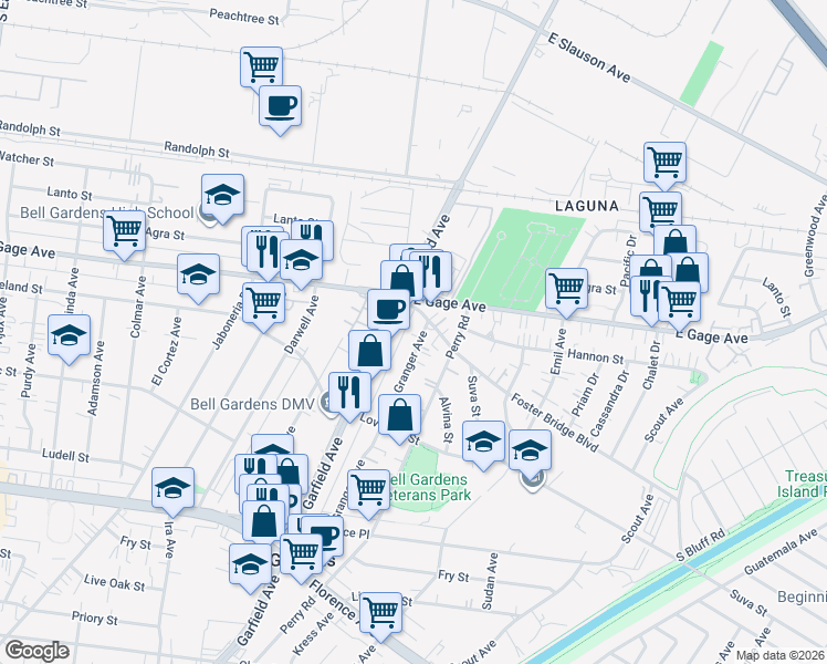 map of restaurants, bars, coffee shops, grocery stores, and more near 6632 Granger Avenue in Bell Gardens