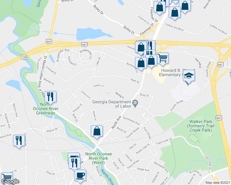 map of restaurants, bars, coffee shops, grocery stores, and more near Spring Court in Athens