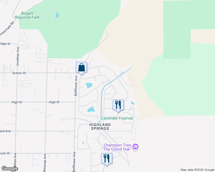map of restaurants, bars, coffee shops, grocery stores, and more near 10223 Overland Trail in Cherry Valley