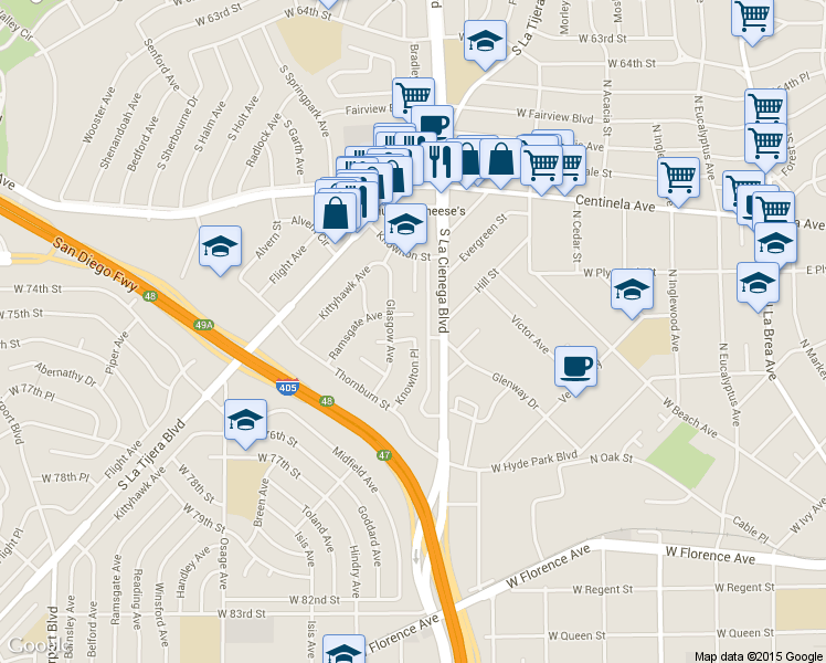 map of restaurants, bars, coffee shops, grocery stores, and more near 5231 Glasgow Way in Los Angeles