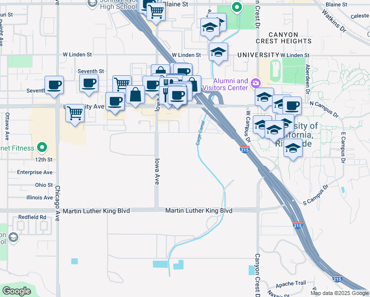 map of restaurants, bars, coffee shops, grocery stores, and more near 1100 Everton Place in Riverside