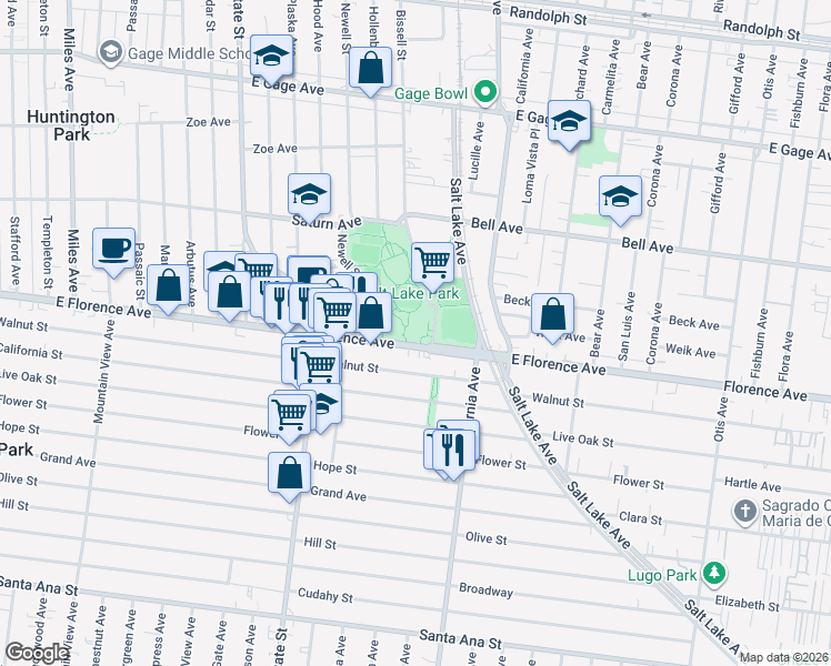 map of restaurants, bars, coffee shops, grocery stores, and more near 3401 East Florence Avenue in Huntington Park