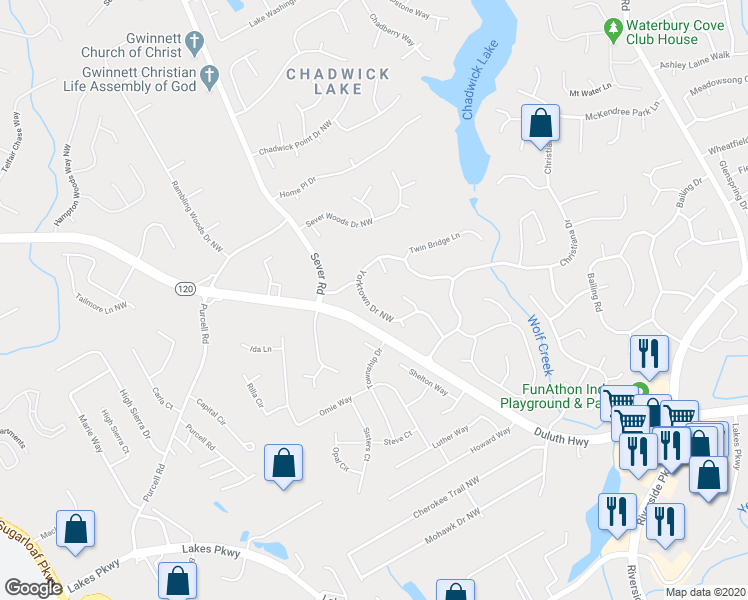 map of restaurants, bars, coffee shops, grocery stores, and more near 1435 Yorktown Drive Northwest in Lawrenceville