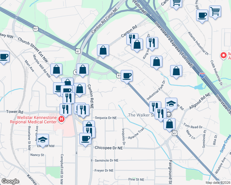 map of restaurants, bars, coffee shops, grocery stores, and more near 820 Canton Road Northeast in Marietta