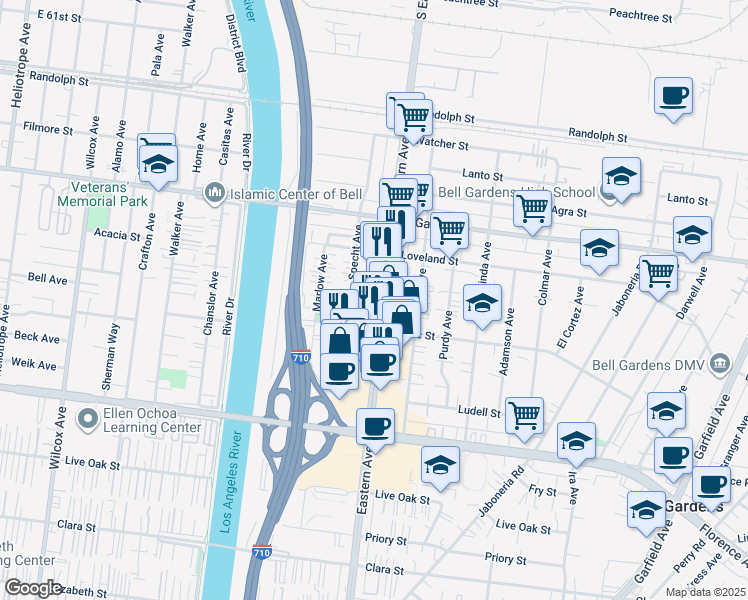 map of restaurants, bars, coffee shops, grocery stores, and more near 6611 Eastern Avenue in Bell Gardens