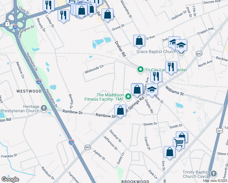 map of restaurants, bars, coffee shops, grocery stores, and more near 701 Brooks Avenue in West Columbia