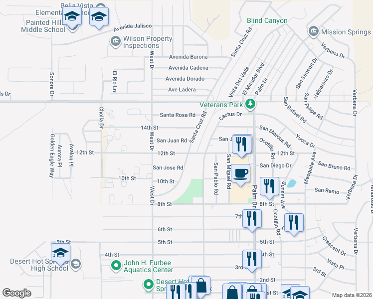 map of restaurants, bars, coffee shops, grocery stores, and more near 10485 Santa Cruz Road in Desert Hot Springs