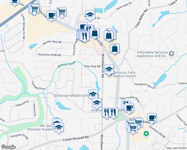 map of restaurants, bars, coffee shops, grocery stores, and more near 921 Lerose Court Northeast in Marietta