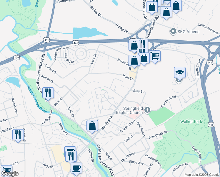 map of restaurants, bars, coffee shops, grocery stores, and more near Spring Court in Athens