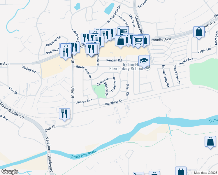 map of restaurants, bars, coffee shops, grocery stores, and more near 7978 Ashton Court in Riverside