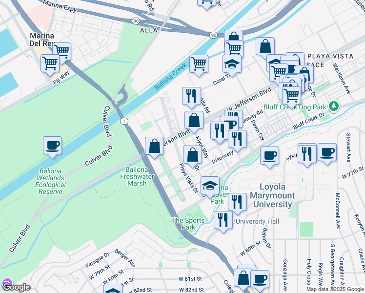 map of restaurants, bars, coffee shops, grocery stores, and more near 13173 Pacific Promenade in Los Angeles