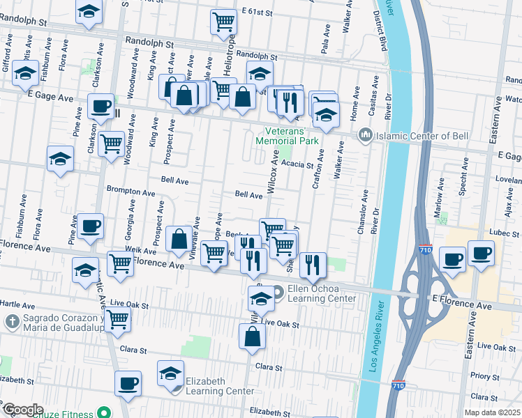 map of restaurants, bars, coffee shops, grocery stores, and more near in Bell