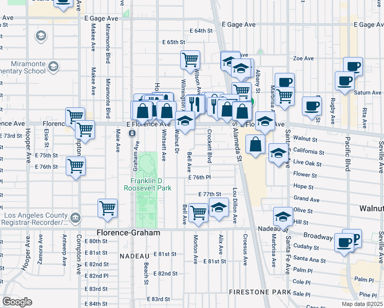 map of restaurants, bars, coffee shops, grocery stores, and more near 7424 Bell Avenue in Los Angeles