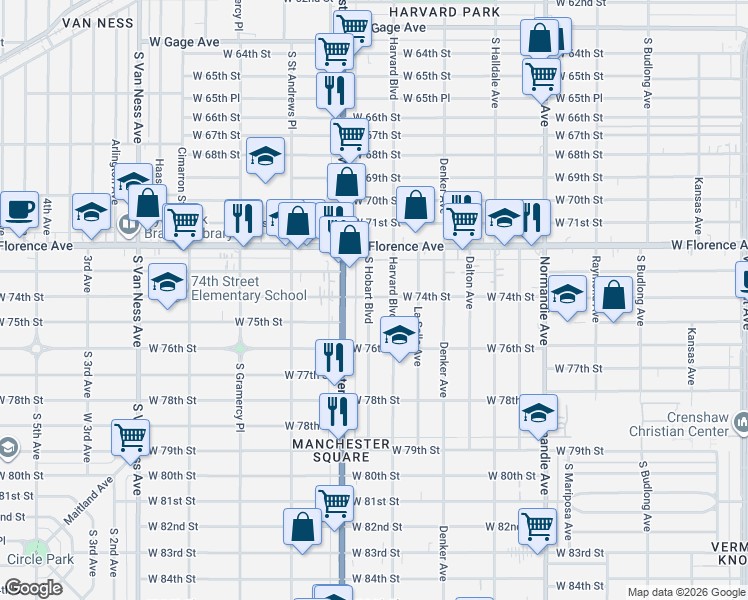 map of restaurants, bars, coffee shops, grocery stores, and more near 7400 South Hobart Boulevard in Los Angeles