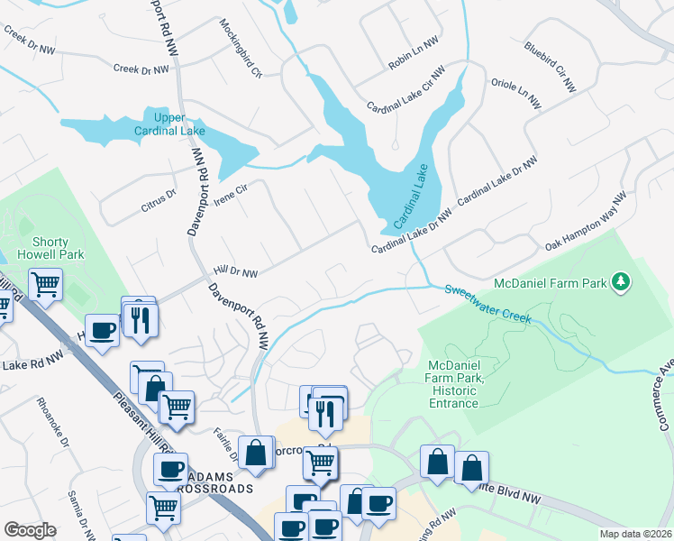 map of restaurants, bars, coffee shops, grocery stores, and more near 2623 Davenham Lane in Duluth