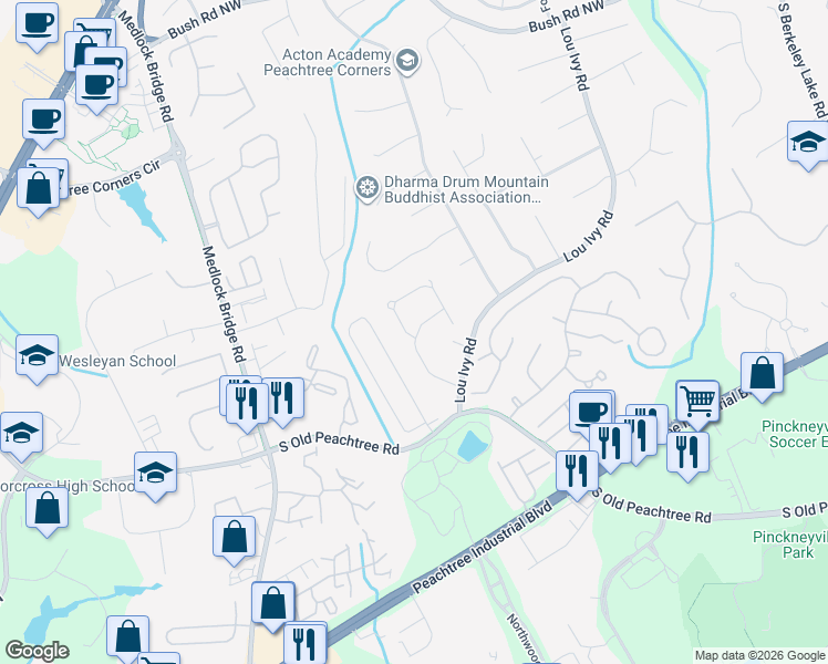 map of restaurants, bars, coffee shops, grocery stores, and more near 3490 Grove Park Drive in Duluth