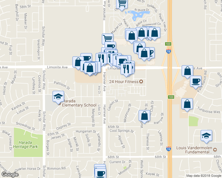 map of restaurants, bars, coffee shops, grocery stores, and more near 12555 Tavira Lane in Eastvale