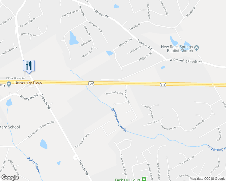map of restaurants, bars, coffee shops, grocery stores, and more near 2536 Briar Valley Way in Dacula