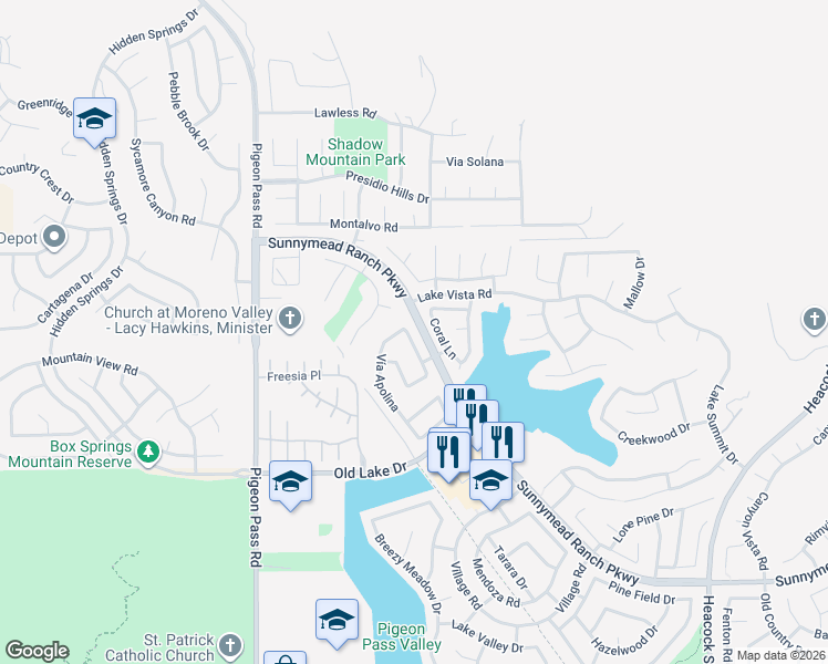 map of restaurants, bars, coffee shops, grocery stores, and more near 10208 Vía Pavon in Moreno Valley